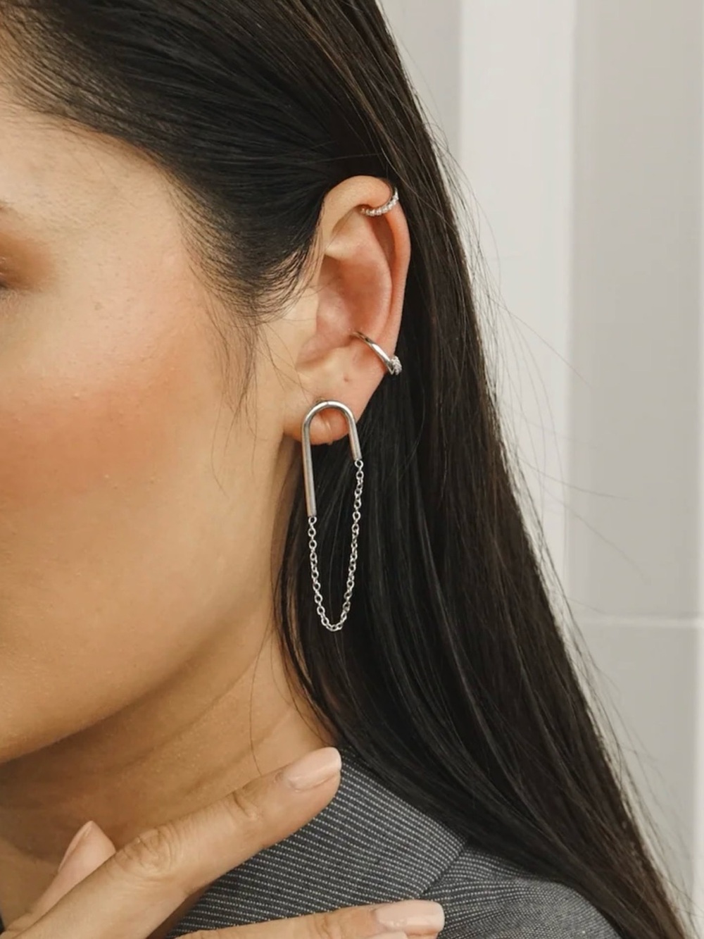 Silver U-Shape Chain Drop Earrings - Silver